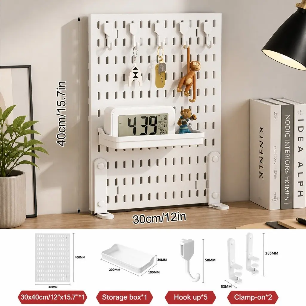 Desk Pegboard Organizer Kit with Hooks Tray Mount Office Gaming Workspace White