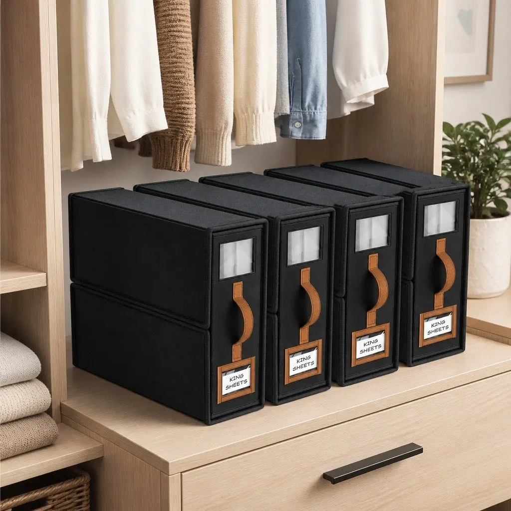 Bed Sheet Organizer Storage Box Set of 4 with Clear Window and Handle 38 x 12 x 32 cm