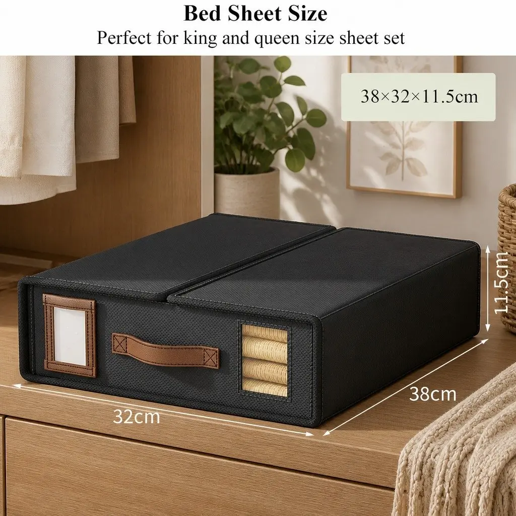 Bed Sheet Organizer Storage Box Set of 4 with Clear Window and Handle 38 x 12 x 32 cm