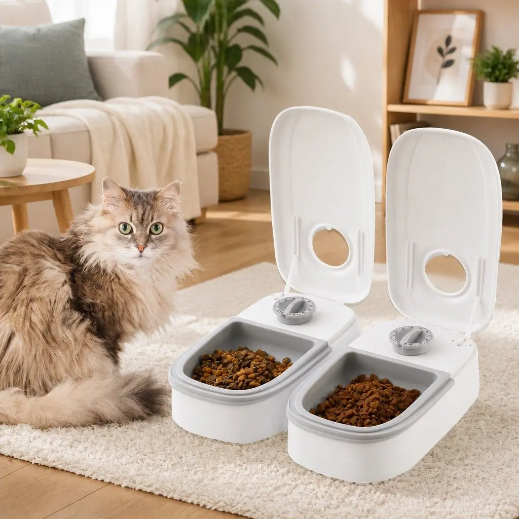 Automatic Pet Feeder Dual Bowl 48 Hour Timer 700ML Capacity for Wet and Dry Food