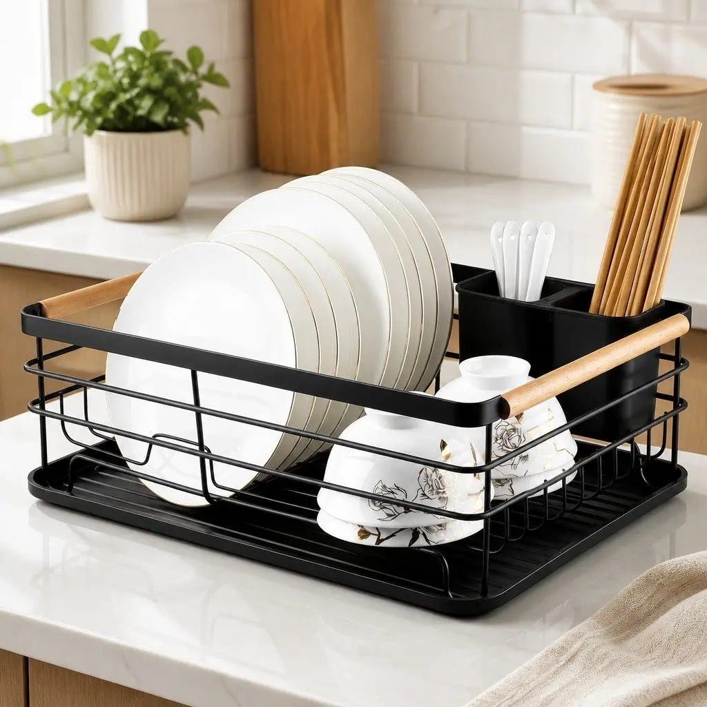 Dish Drying Rack Wooden Handles Removable Cutlery Holder Detachable Drainboard 42 x 30 x 15 cm