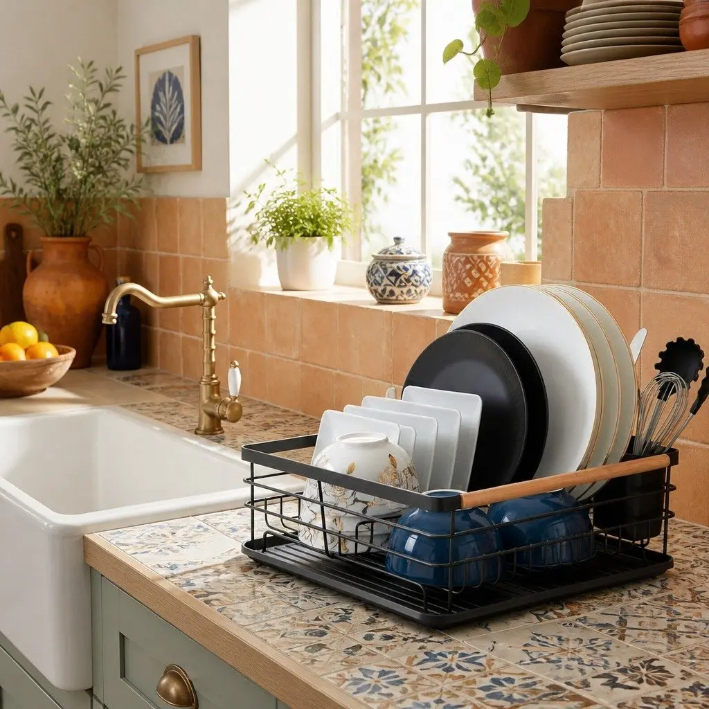 Dish Drying Rack Wooden Handles Removable Cutlery Holder Detachable Drainboard 42 x 30 x 15 cm