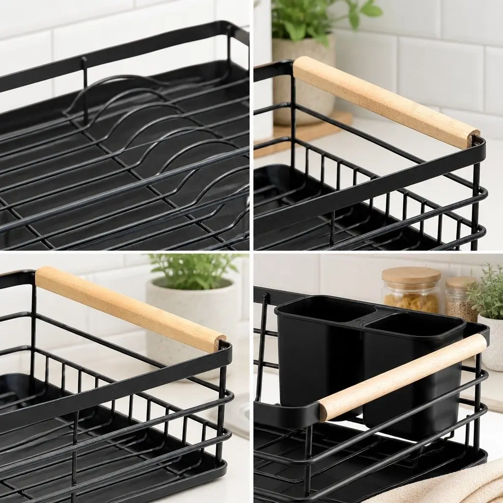 Dish Drying Rack Wooden Handles Removable Cutlery Holder Detachable Drainboard 42 x 30 x 15 cm