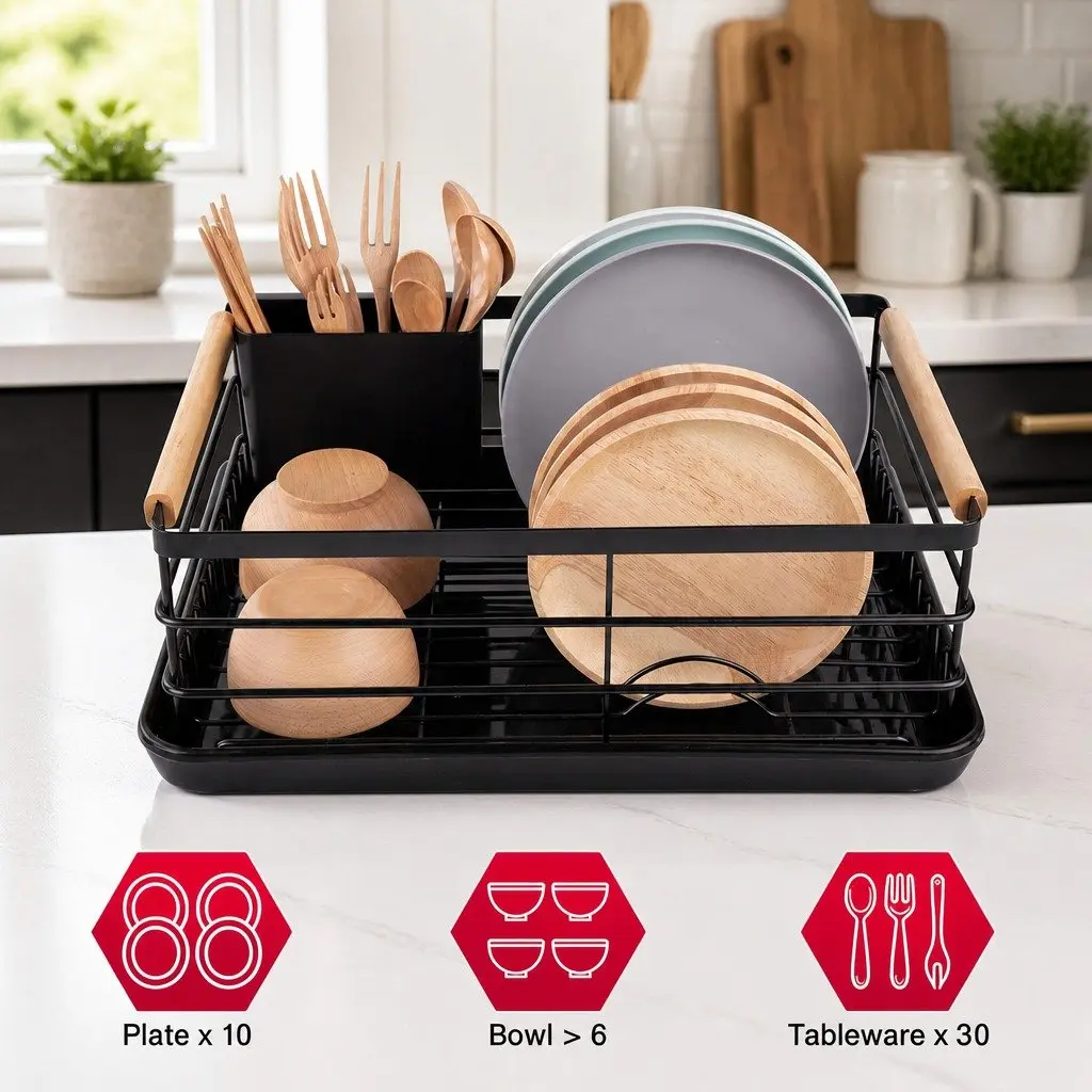 Dish Drying Rack Wooden Handles Removable Cutlery Holder Detachable Drainboard 42 x 30 x 15 cm