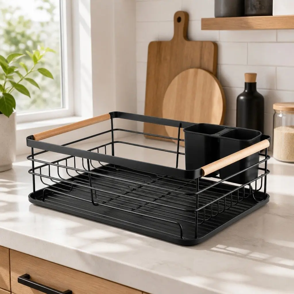 Dish Drying Rack Wooden Handles Removable Cutlery Holder Detachable Drainboard 42 x 30 x 15 cm