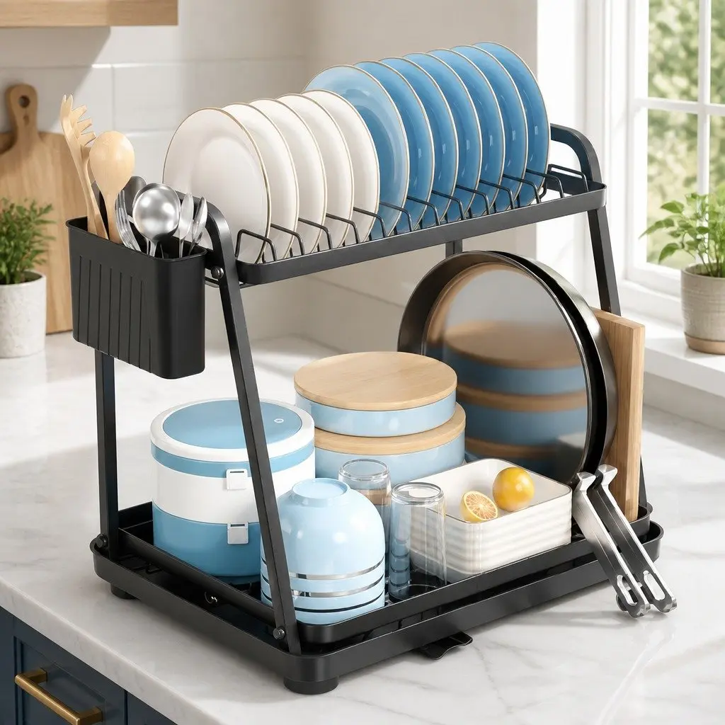 2-Tier Dish Drying Rack for Kitchen Countertop with Drainage Tray Utensil