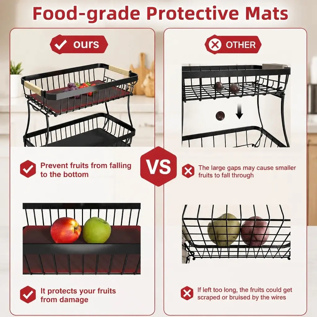 2-Tier Metal Fruit Basket Kitchen Counter Storage Organizer with Wooden Handles
