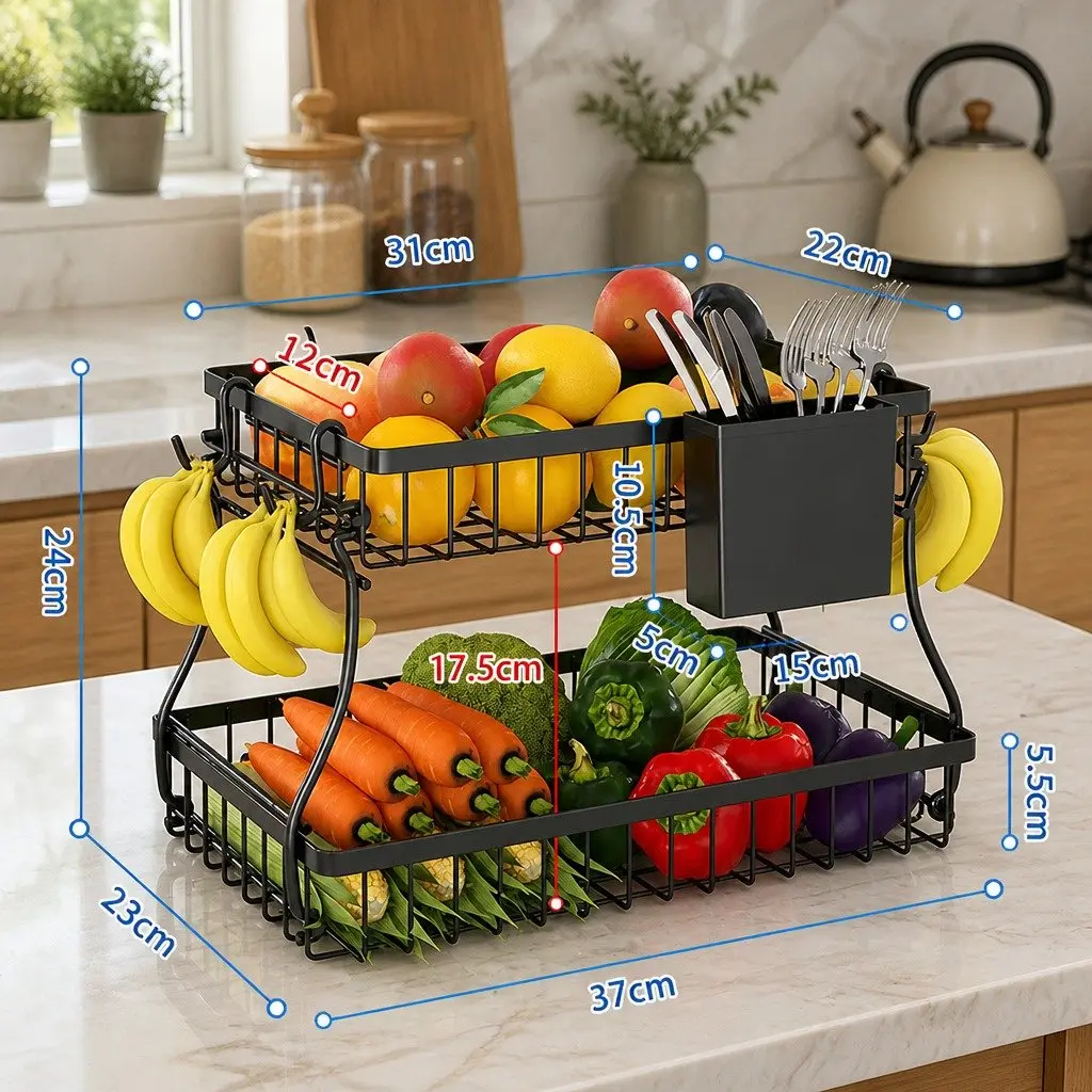 2-Tier Metal Fruit Basket Kitchen Counter Storage Organizer with Wooden Handles