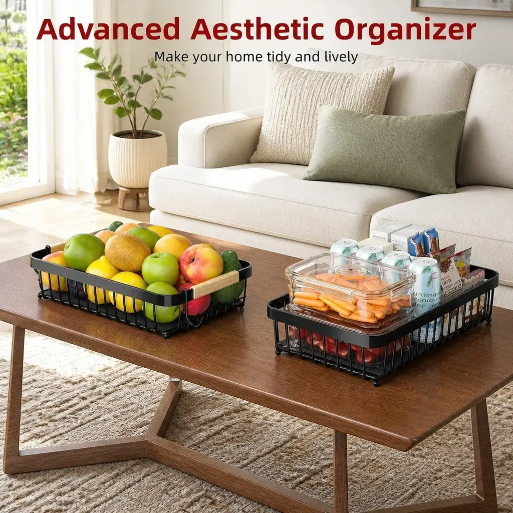 2-Tier Metal Fruit Basket Kitchen Counter Storage Organizer with Wooden Handles