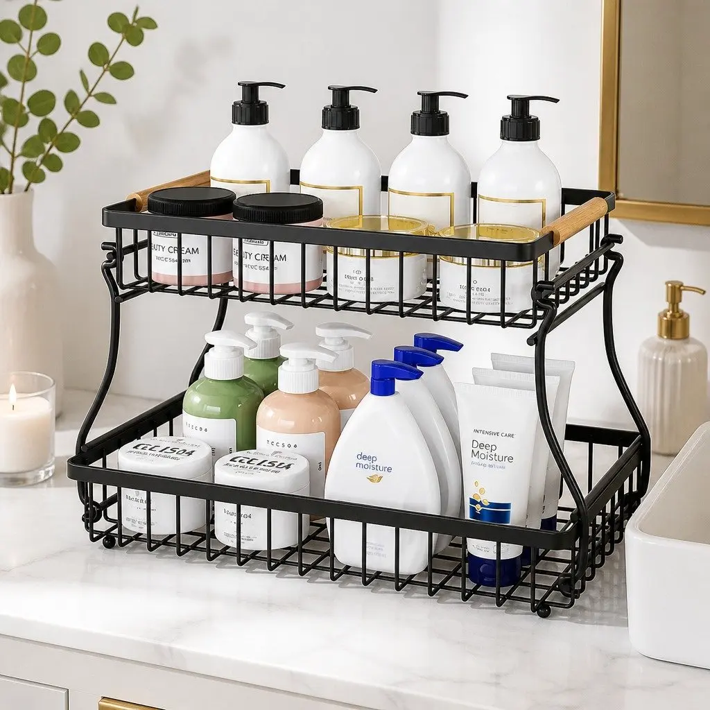 2-Tier Metal Fruit Basket Kitchen Counter Storage Organizer with Wooden Handles