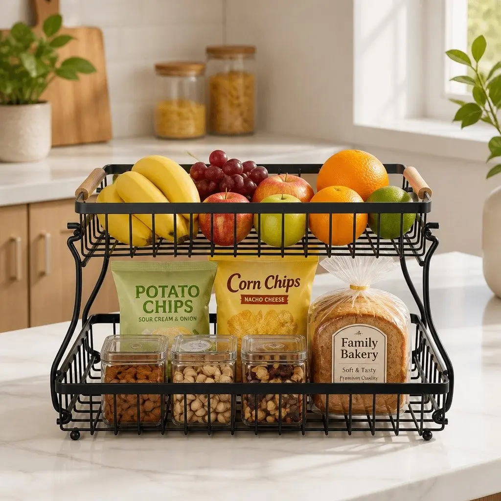 2-Tier Metal Fruit Basket Kitchen Counter Storage Organizer with Wooden Handles