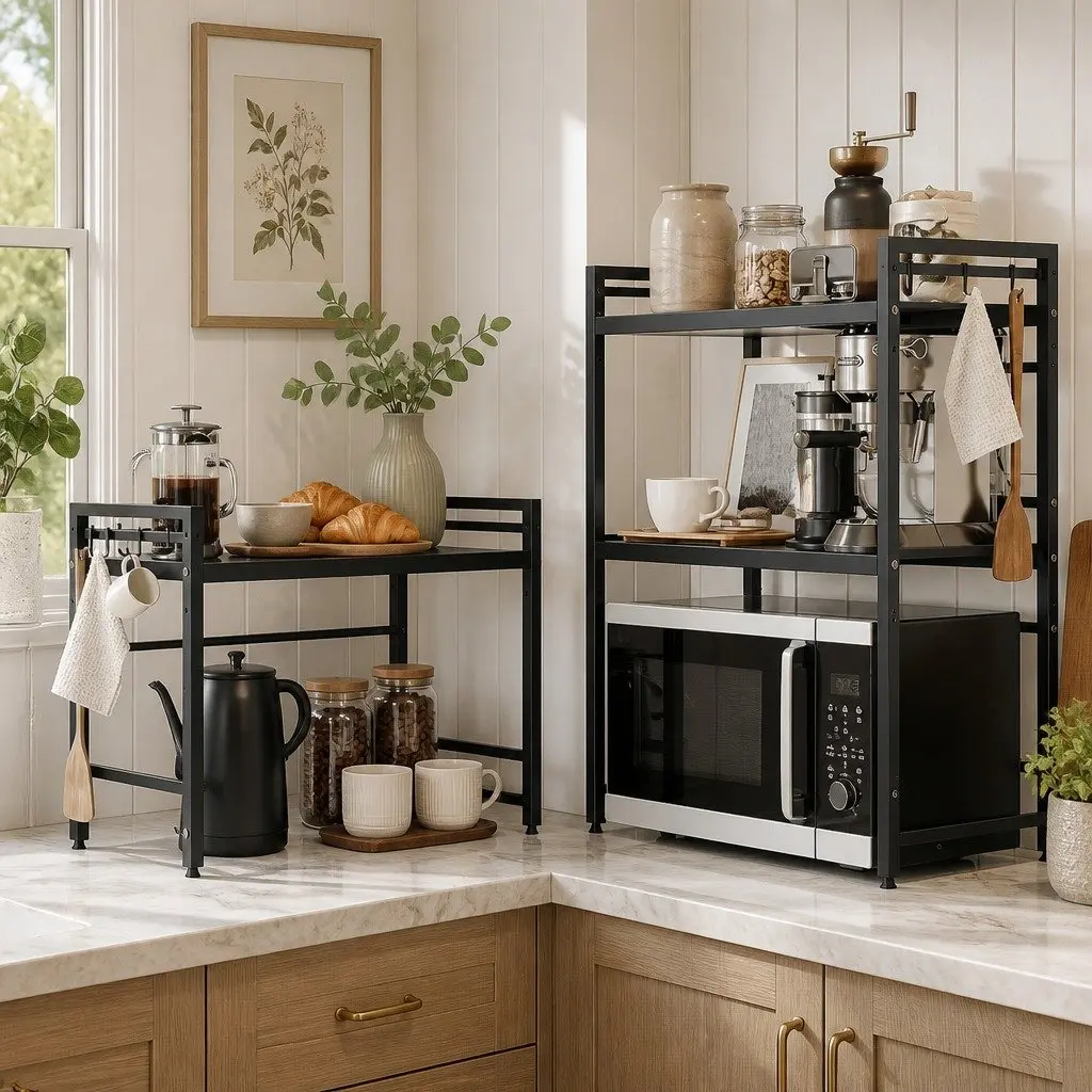 2-Tier Microwave Oven Rack Adjustable Metal Kitchen Shelf Stand Countertop 63x48x32cm