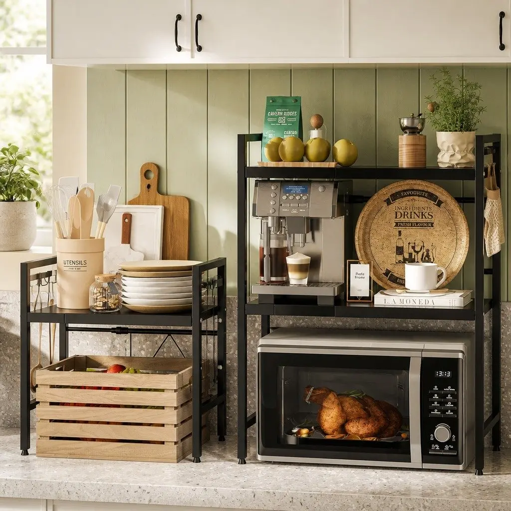 2-Tier Microwave Oven Rack Adjustable Metal Kitchen Shelf Stand Countertop 63x48x32cm