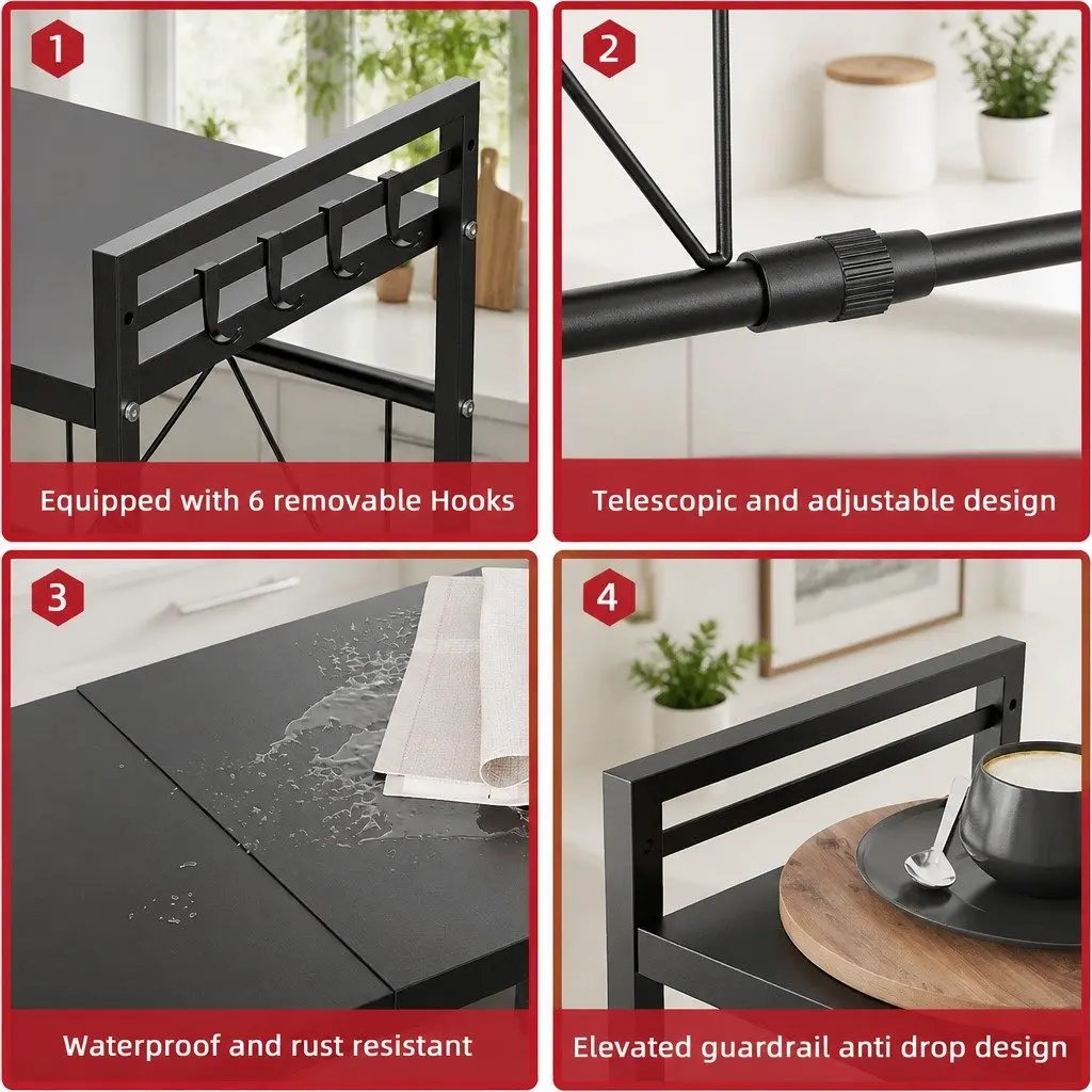 2-Tier Microwave Oven Rack Adjustable Metal Kitchen Shelf Stand Countertop 63x48x32cm