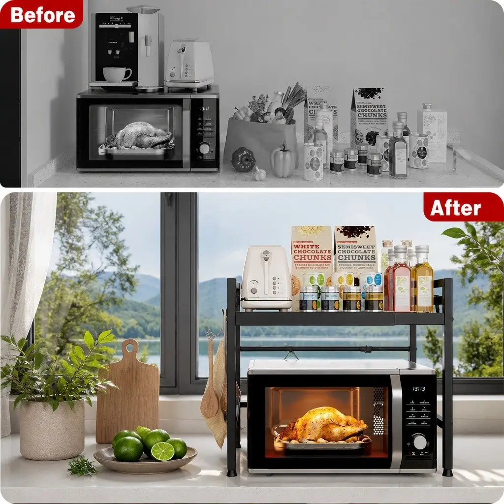 2-Tier Microwave Oven Rack Adjustable Metal Kitchen Shelf Stand Countertop 63x48x32cm