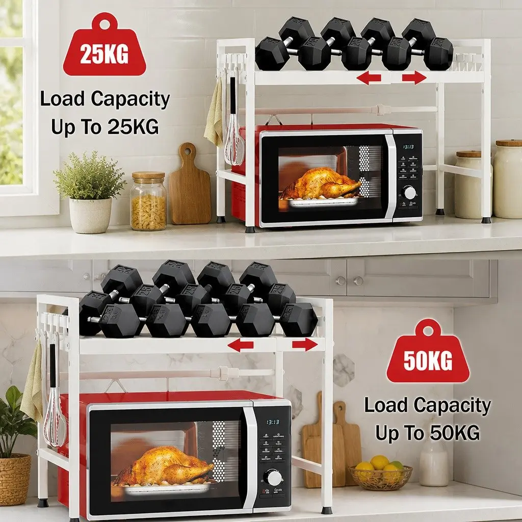 2-Tier Microwave Oven Rack Adjustable Metal Kitchen Shelf Stand Countertop