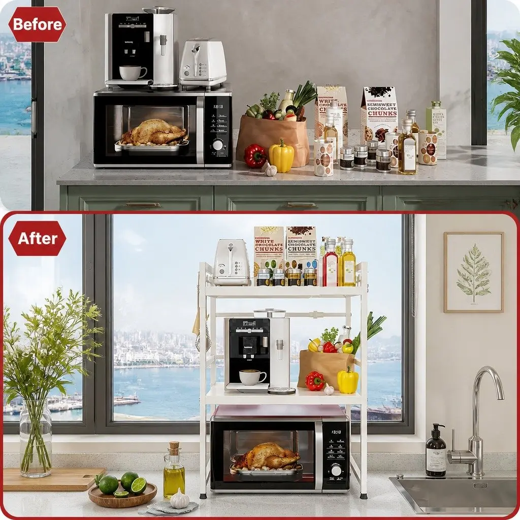 3-Tier Microwave Oven Rack Adjustable Metal Kitchen Shelf Stand Countertop