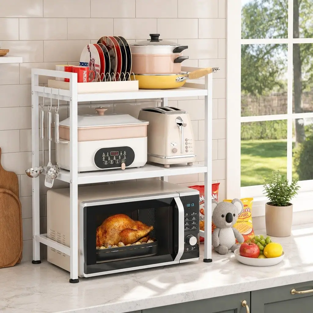 3-Tier Microwave Oven Rack Adjustable Metal Kitchen Shelf Stand Countertop