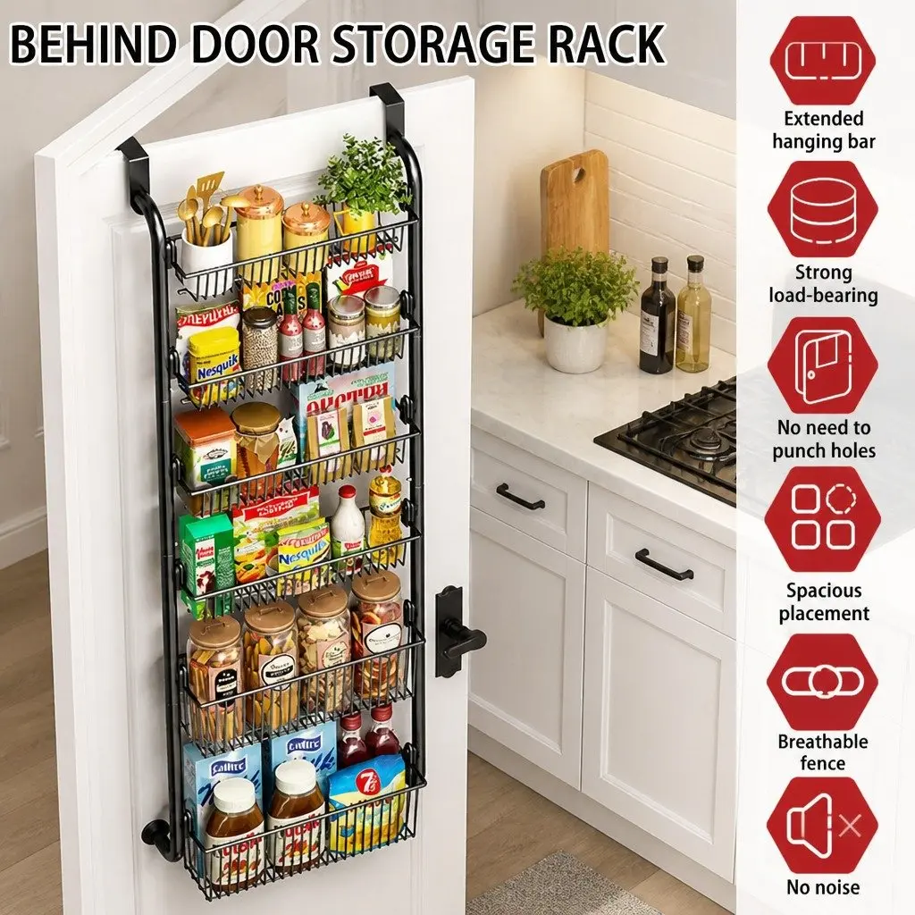 6-Tier Metal Pantry Rack Over the Door Organizer Adjustable Baskets Black