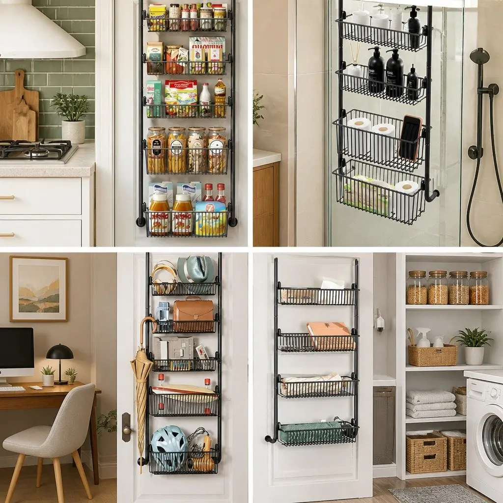 6-Tier Metal Pantry Rack Over the Door Organizer Adjustable Baskets Black