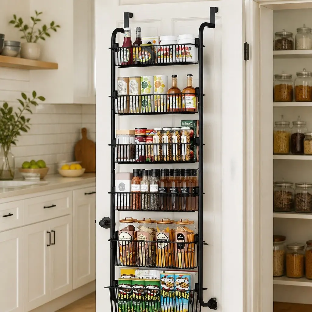 6-Tier Metal Pantry Rack Over the Door Organizer Adjustable Baskets Black
