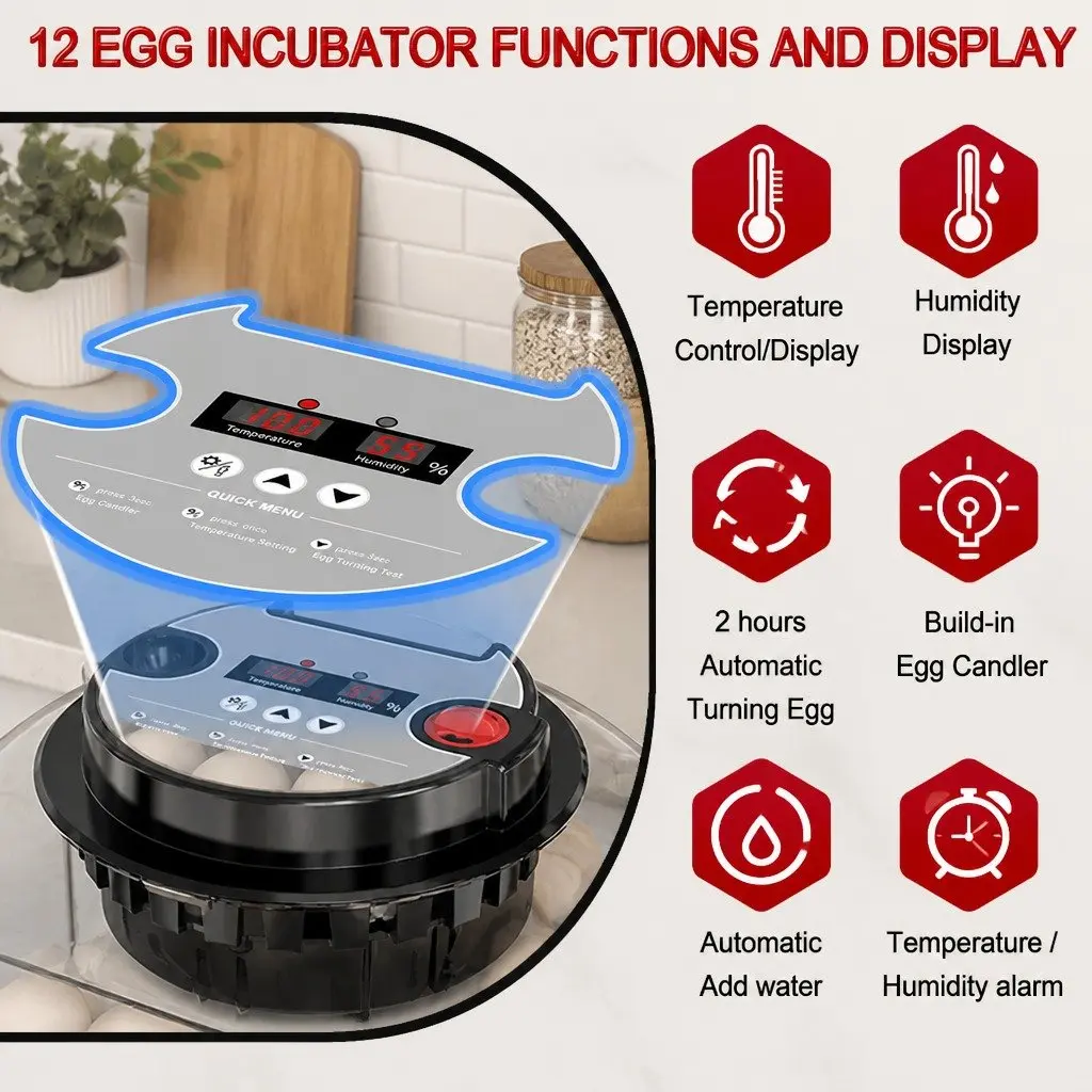 12 Egg Incubator Automatic Turning LED Display Temperature Humidity Control