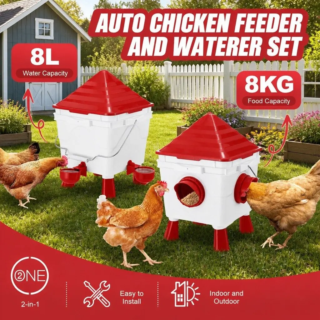 Automatic Chicken Feeder Waterer Set Gravity Dispenser 8KG Food 8L Water 4 Ports