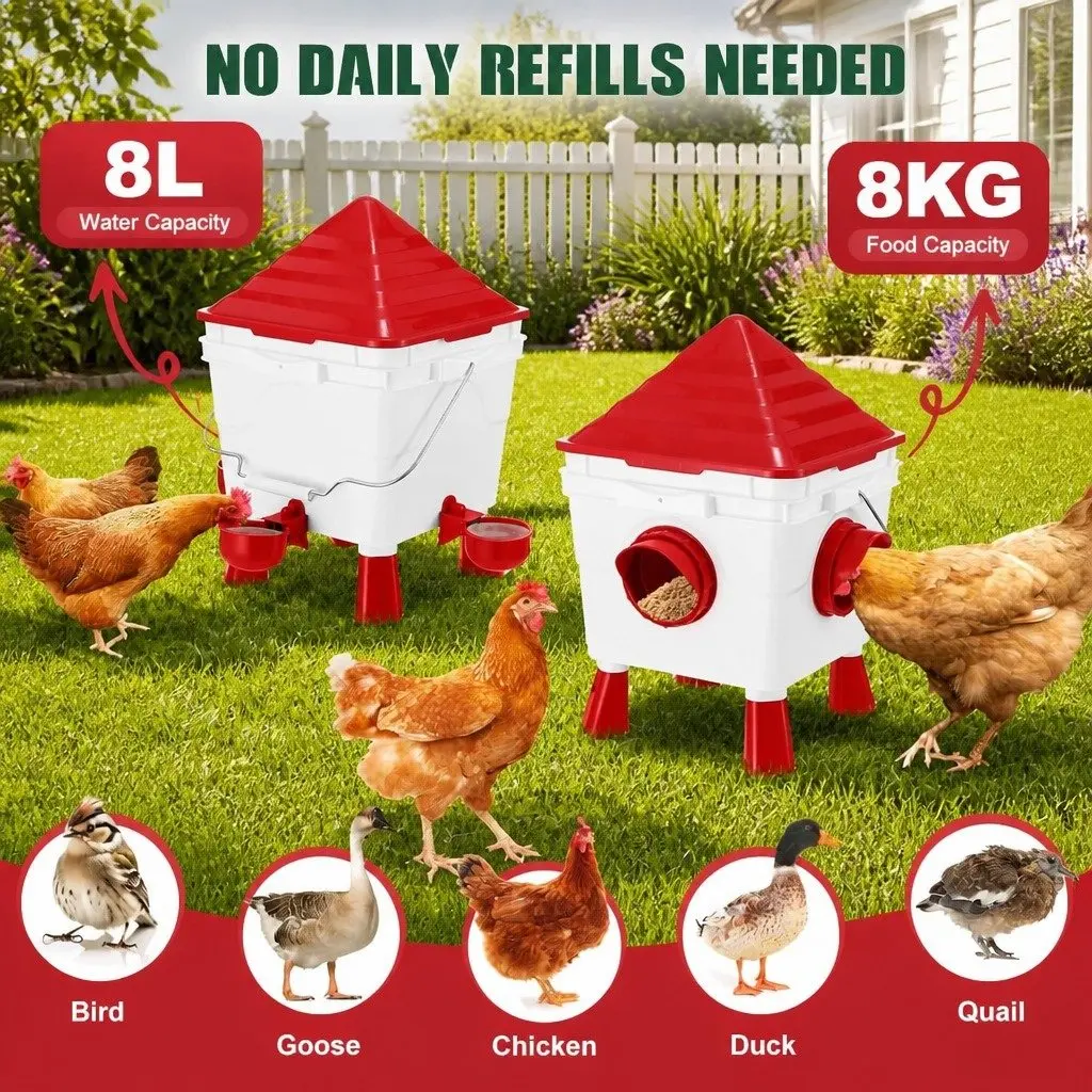 Automatic Chicken Feeder Waterer Set Gravity Dispenser 8KG Food 8L Water 4 Ports