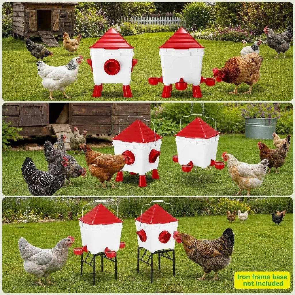 Automatic Chicken Feeder Waterer Set Gravity Dispenser 8KG Food 8L Water 4 Ports