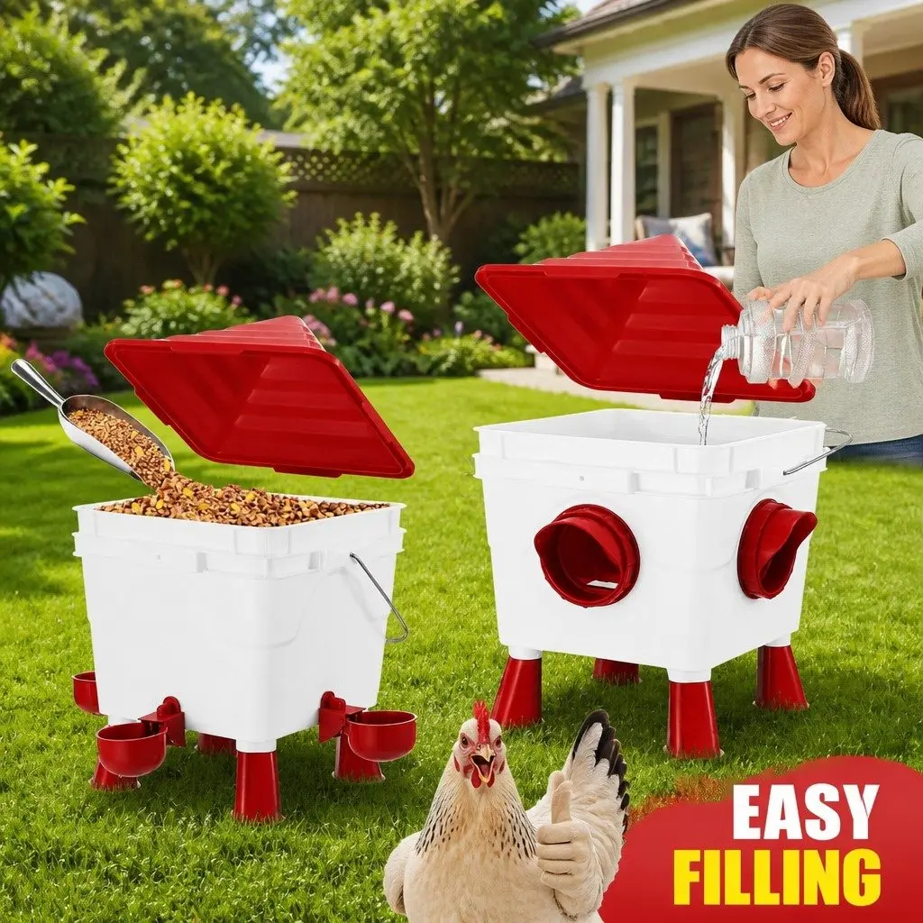 Automatic Chicken Feeder Waterer Set Gravity Dispenser 8KG Food 8L Water 4 Ports