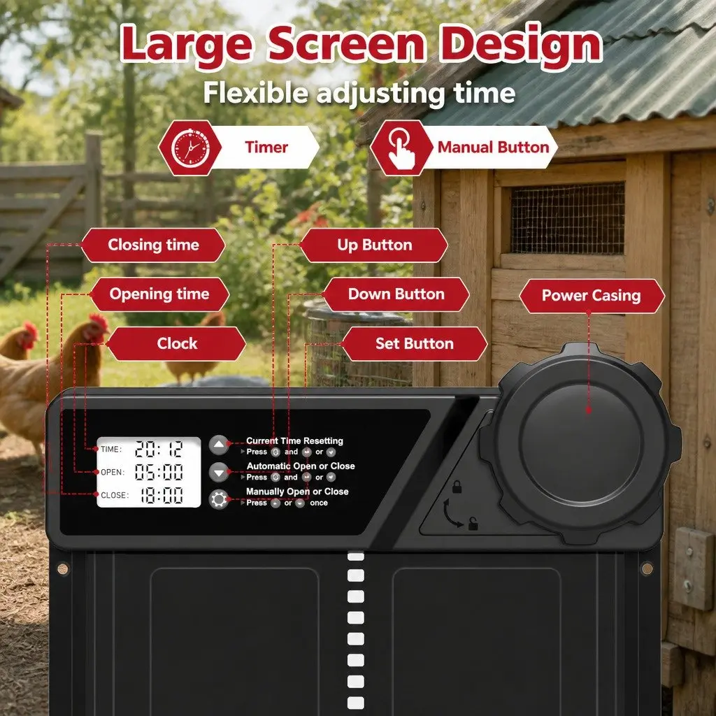 Automatic Chicken Coop Door Solar Powered USB Timer Light Sensor Remote Control 33x25cm