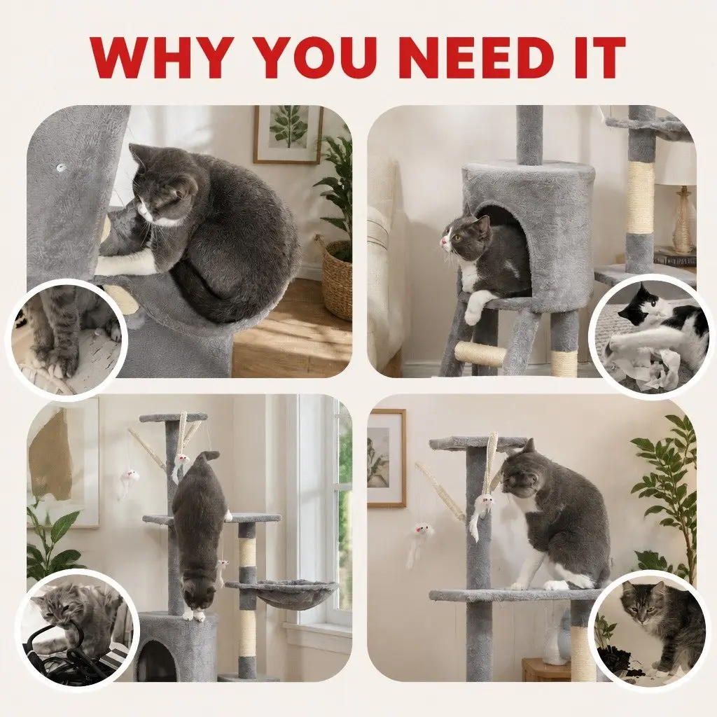 134cm Cat Tree Indoor Cats Hammock Plush Perch Sisal Scratching Posts Kittens