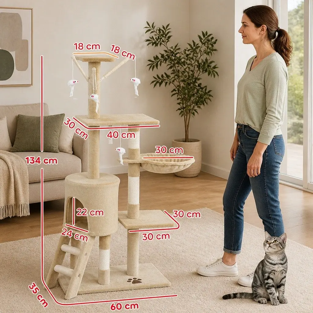 Cat Tree Multi-Level 134cm Indoor Cats Hammock Plush Perch Sisal Scratching Posts