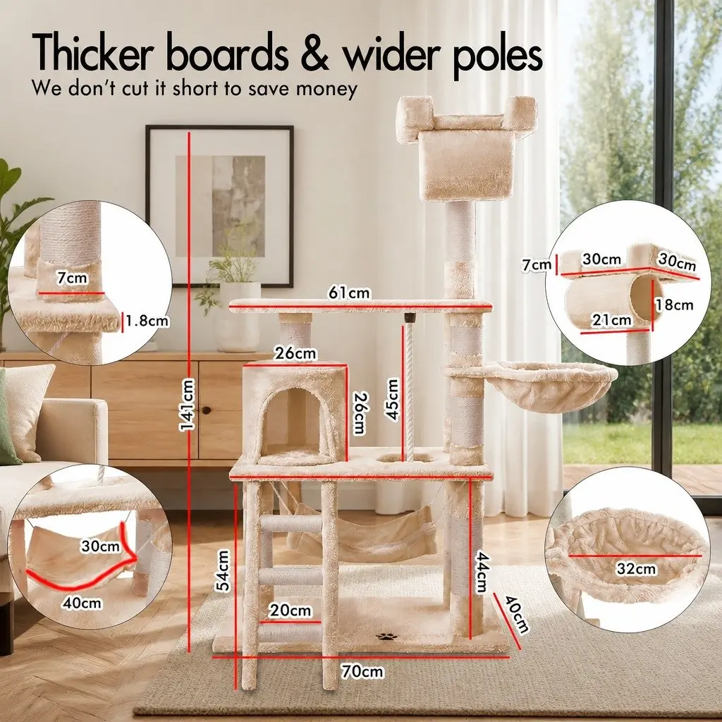 Cat Tree Tower Multi-Level 141cm Indoor Cats Climbing Perch Hammock Condo Sisal
