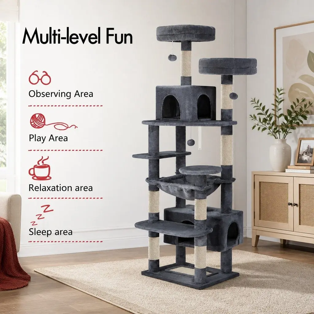 Cat Tree Tower Multi-level 180cm Plush Perches Dual Condos Sisal Scratching