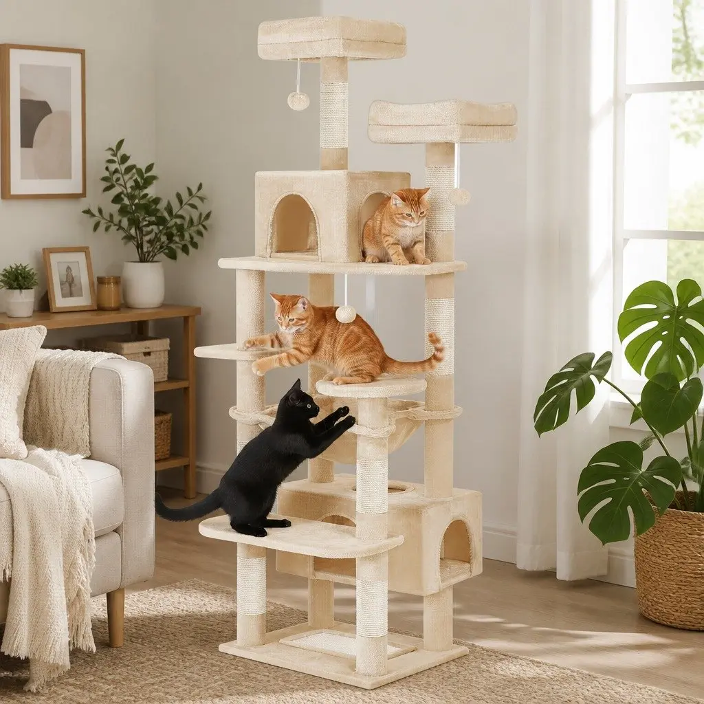 Cat Tree Tower 180cm Plush Perches Dual Condos Sisal Scratching Posts