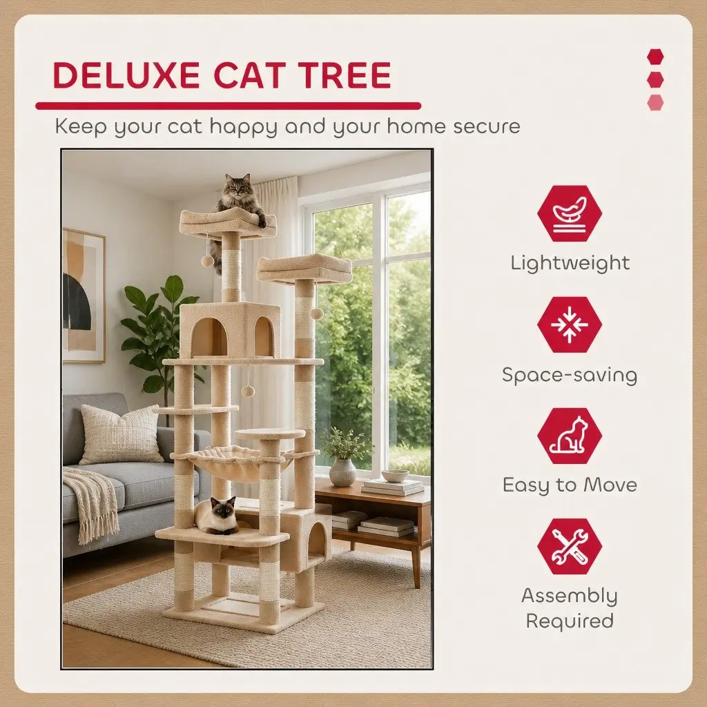 Cat Tree Tower 180cm Plush Perches Dual Condos Sisal Scratching Posts