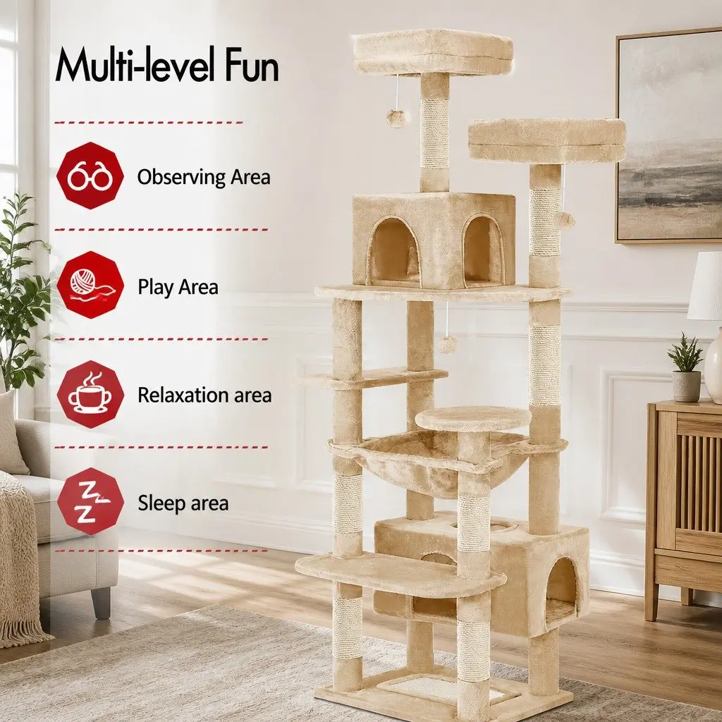 Cat Tree Tower 180cm Plush Perches Dual Condos Sisal Scratching Posts