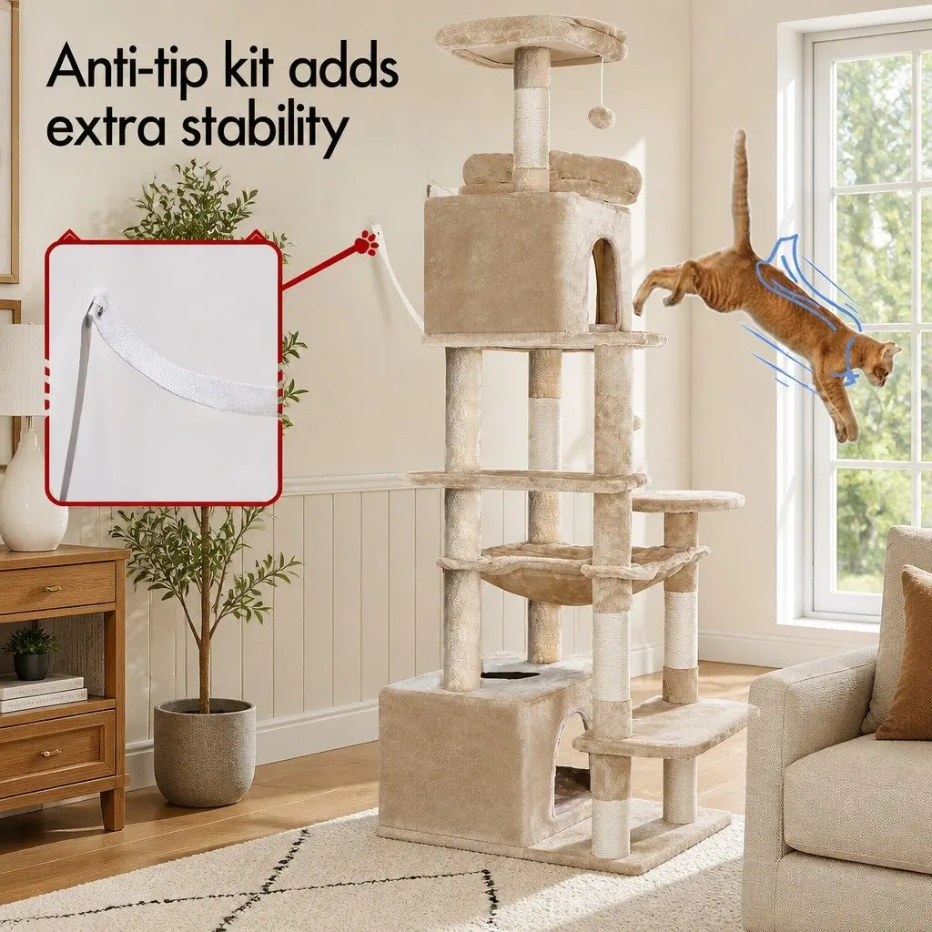 Cat Tree Tower 180cm Plush Perches Dual Condos Sisal Scratching Posts
