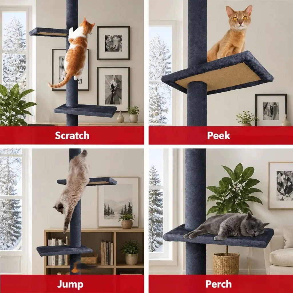 Floor to Ceiling Cat Tree Tower Adjustable Height 230-286cm Indoor Cats Grey