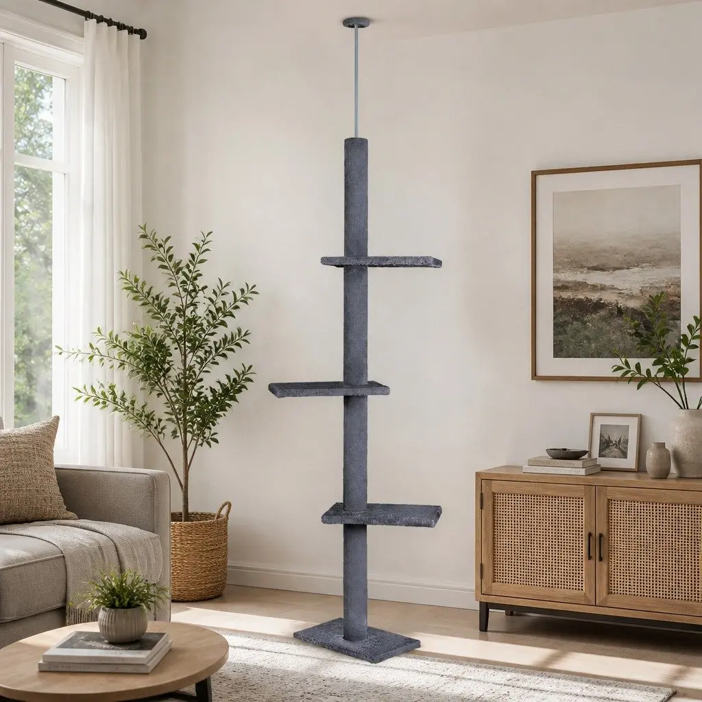 Floor to Ceiling Cat Tree Tower Adjustable Height 230-286cm Indoor Cats Grey