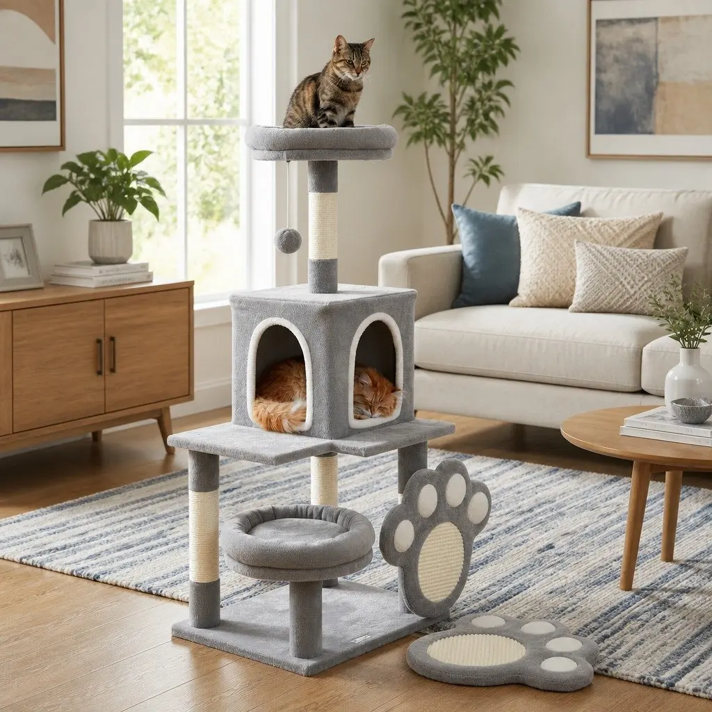 Multi-Level Cat Tree Tower Indoor with Plush Perch and Condo for Cats 48x110x40cm