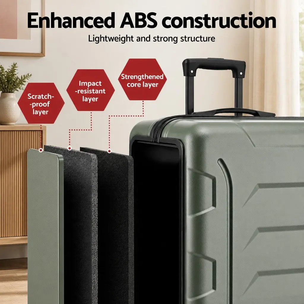 Luggage Suitcase Set 3pcs Trolley Case Hard Shell TSA Lock Travel Bag Grey Green