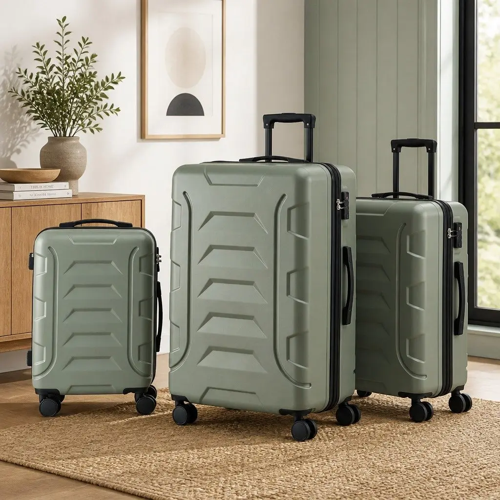 Luggage Suitcase Set 3pcs Trolley Case Hard Shell TSA Lock Travel Bag Grey Green