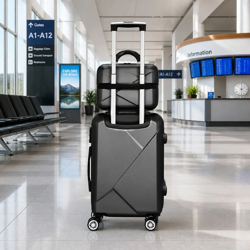 Hard Shell Luggage Set Lightweight Black 20 Inch and 12 Inch 2 Piece