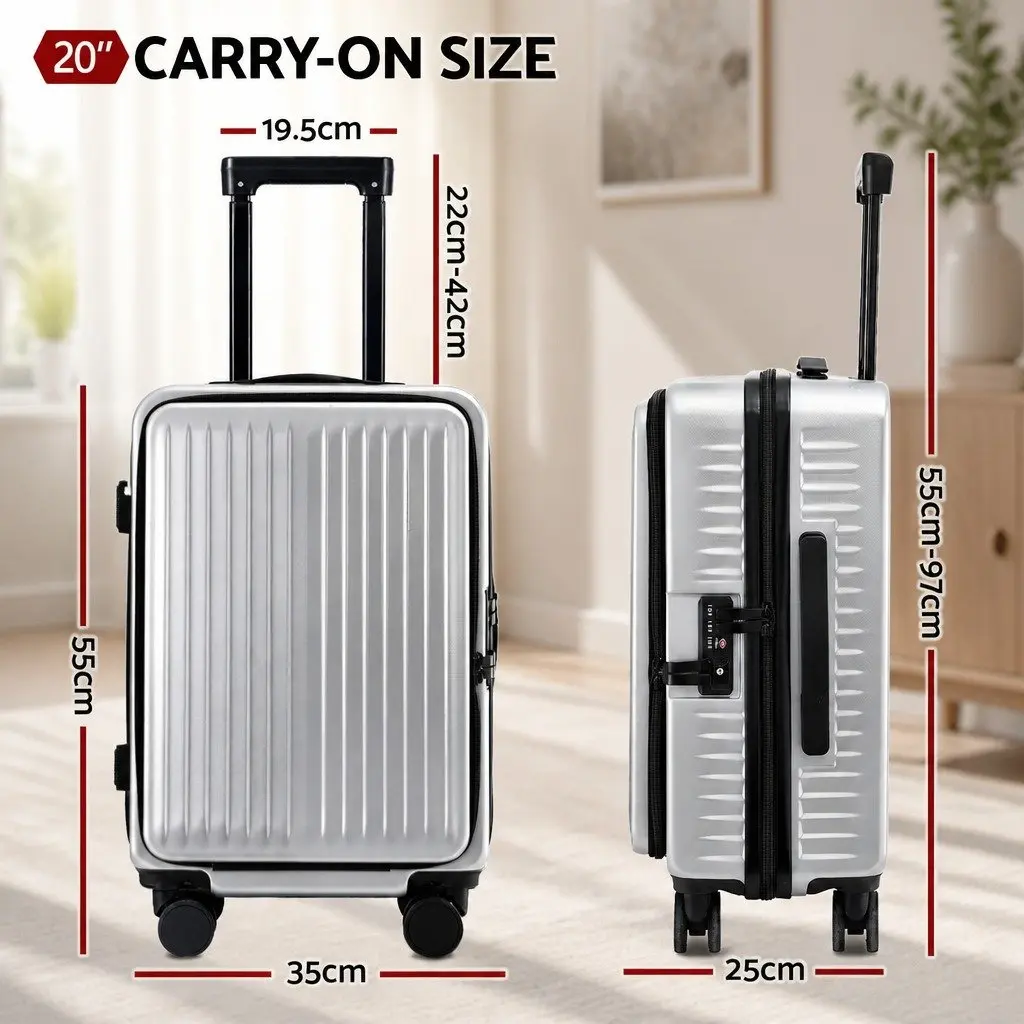 20 Inch Carry On Suitcase Front Pocket Luggage Dual TSA Lock Silver