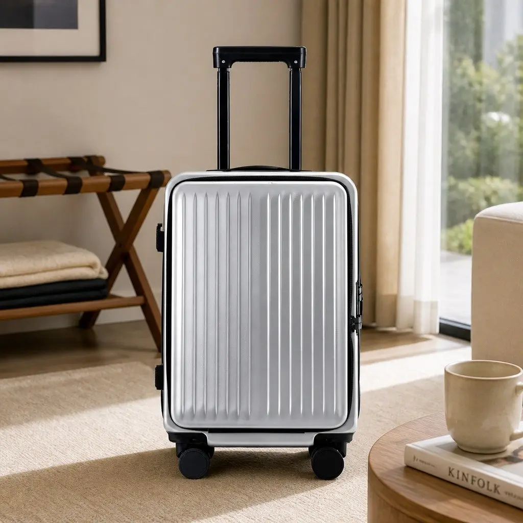 20 Inch Carry On Suitcase Front Pocket Luggage Dual TSA Lock Silver
