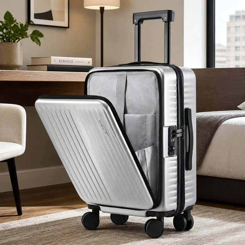 20 Inch Carry On Suitcase Front Pocket Luggage Dual TSA Lock Silver