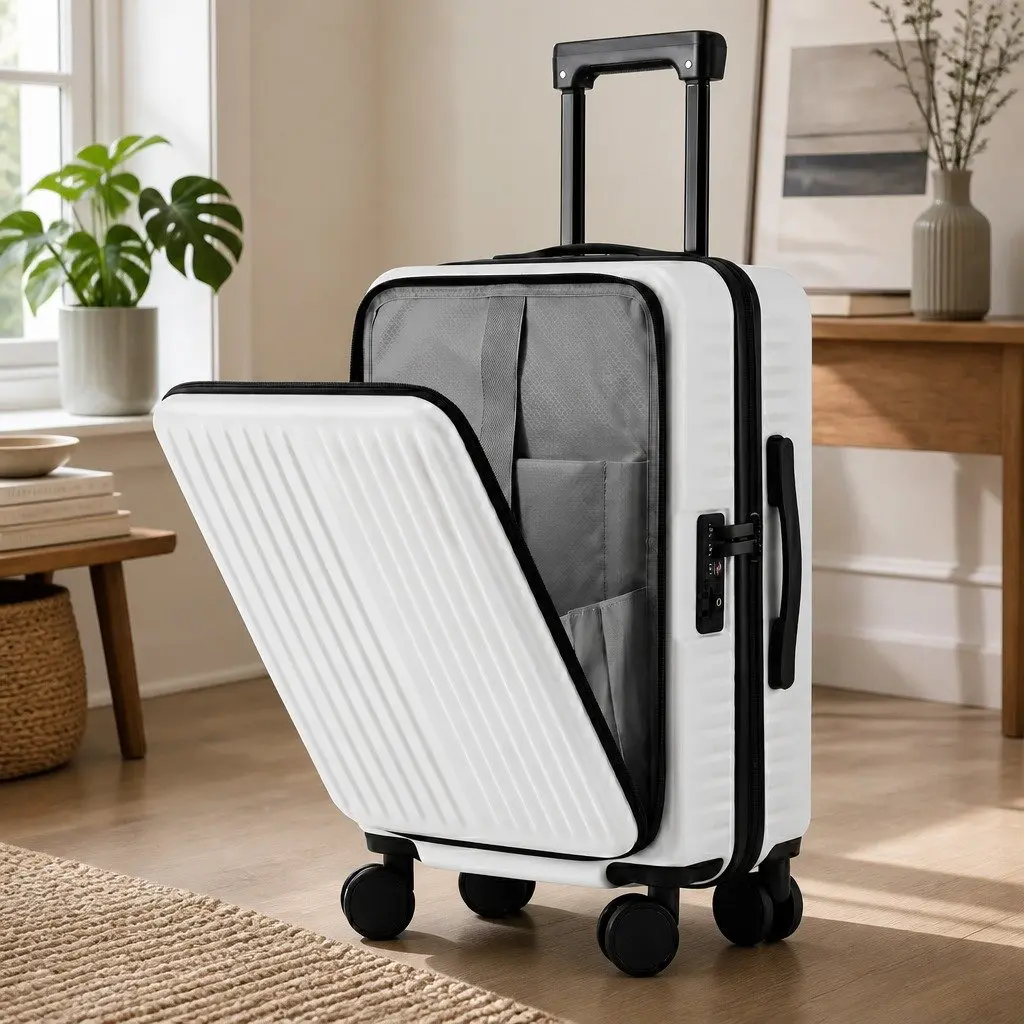 20 Inch Carry On Luggage Suitcase Front Pocket White