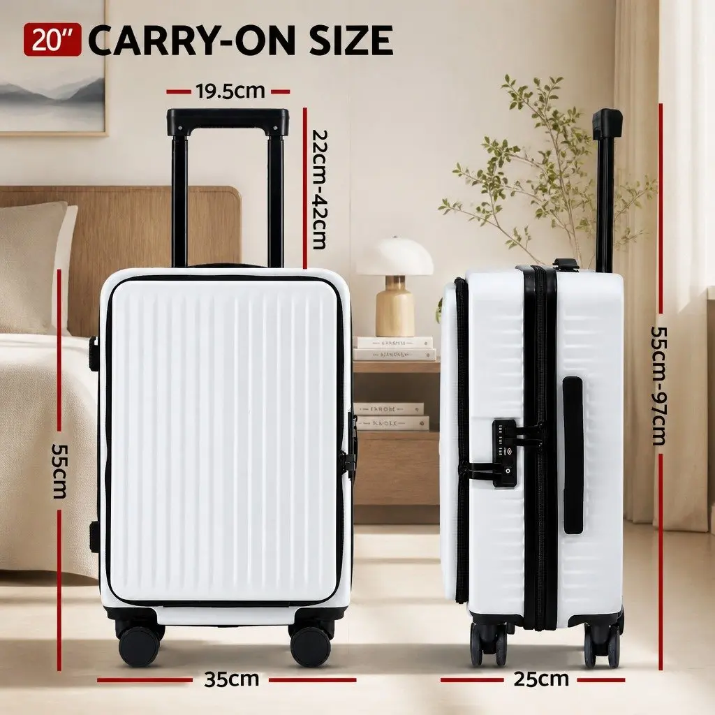 20 Inch Carry On Luggage Suitcase Front Pocket White